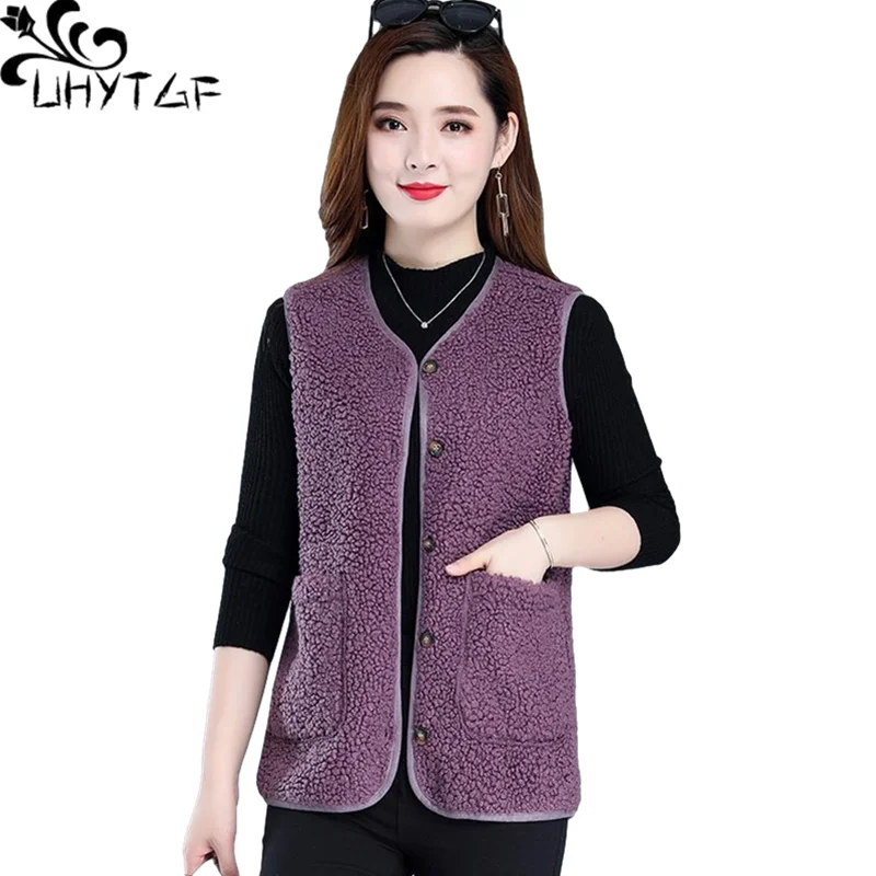 UHYTGF Sleeveless Jacket Women Fashion Lambswool Casual Warm Winter Fur Vest Female Single Breasted 6XL Big Size Waistcoat 1219