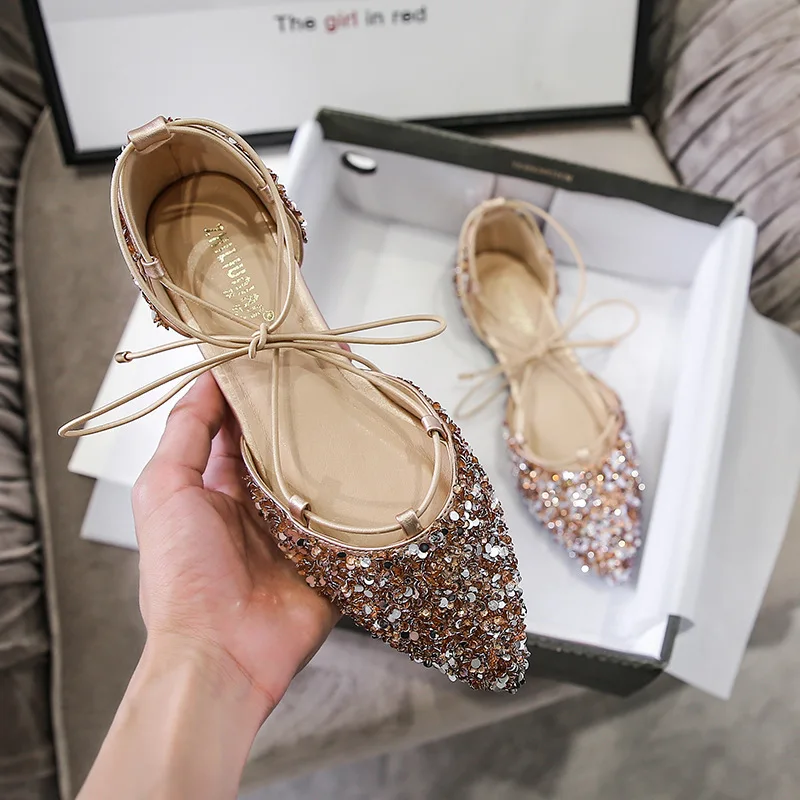 2022 Women Luxury Rhinestone Ballet Flats Cross-Tied Lace Up Flat Shoes Woman Crystal D\'orsay Wedding Shoes Glitter Sliver Mules