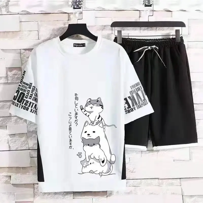 Set da uomo di moda giapponese t-shirt + pantaloncini a maniche corte da cartone animato set da 2 pezzi abbigliamento Casual da uomo estivo Streetwear tuta da uomo