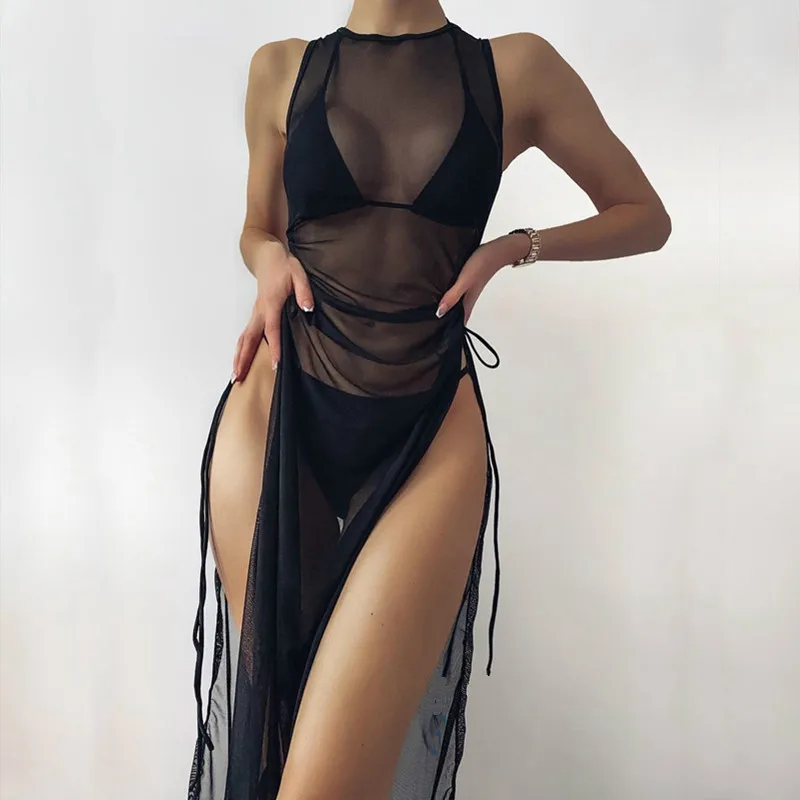 

Beach Style Black See Through Cover-ups Bikini Swimmwear Sexy Women Bathing Suit High Split Tie-up Sundress Sleeveless Cover Up