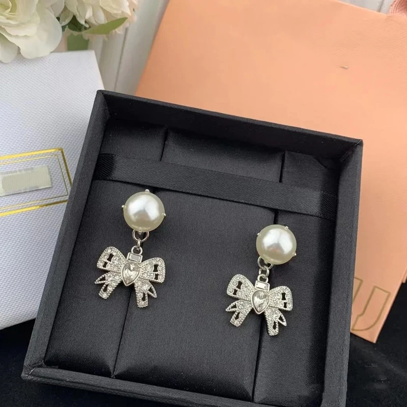 

2021 Trend S925 Silver Luxury Stud Earrings for Women Bowknot Full Diamonds Pearl Earrings Jewelry Elegant Romantic Gift Female