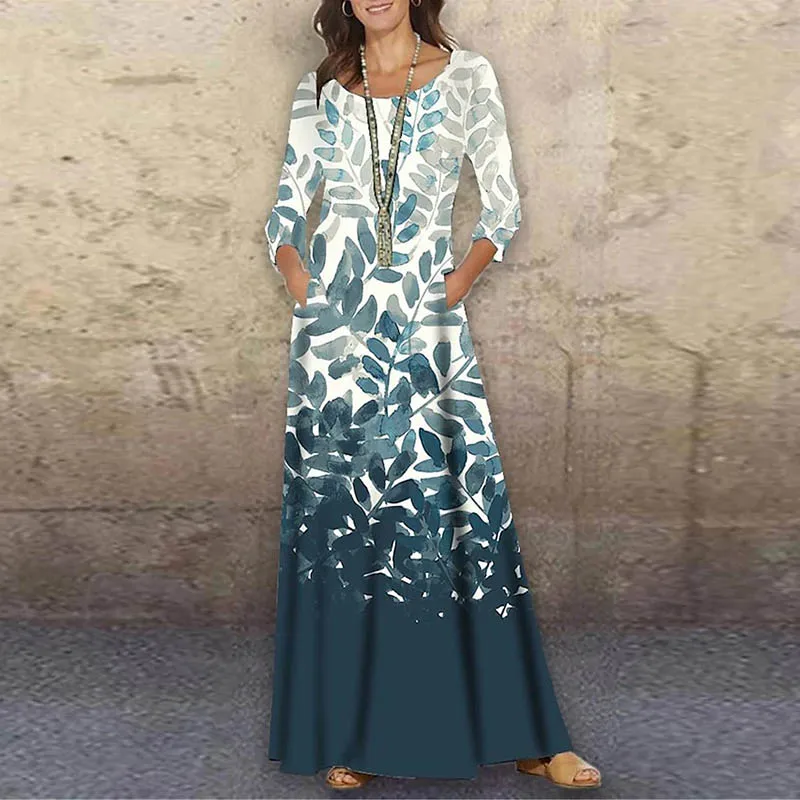 Vintage Vrouwen Bloemenprint Feestjurken Lente Summner Nieuwe Mode O-hals Lange Mouwen Maxi Jurk Elegante Dames Pocket Vestidos