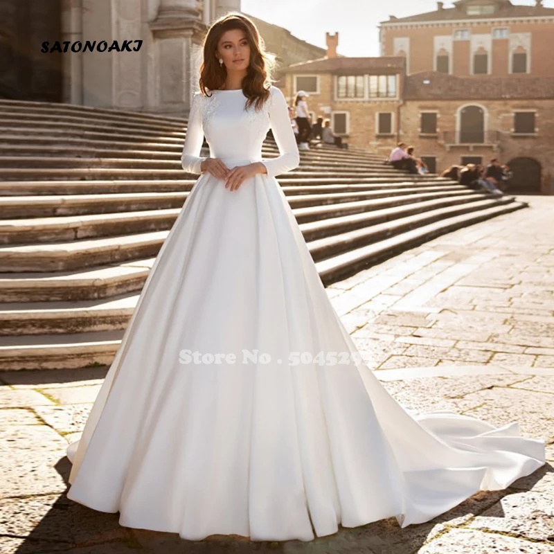 Vestidos De Novia Simple Elegant White Satin Long Sleeve Wedding Dress 2024 for Women Princesa Bridal Gown Robe Mariée Custom