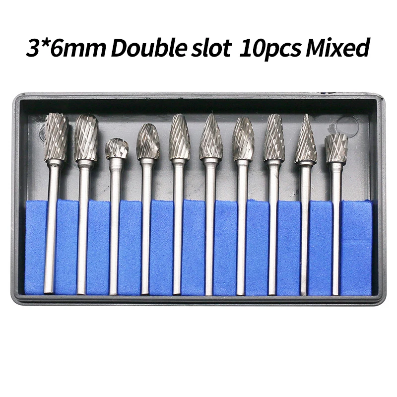 10 pz/set 6mm carburo di tungsteno doppio taglio punto rotante Burr 1/8 "gambo misura utensili rotanti Die smerigliatrice gambo rotante Burr strumenti caldo
