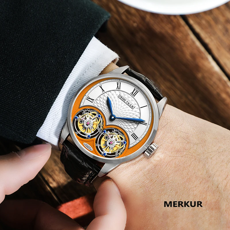 MERKUR genuine Double Tourbillon Manual Mechanical Watch Men\'s Luxury Formal Business Men\'s A Certified Millionaire Watch