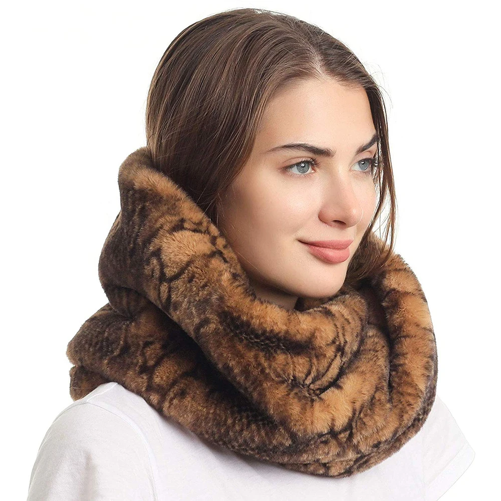 Women\'s Winter Snakeskin Print Faux Fur Infinity Scarf  Warm Neck Warmer Scarfs