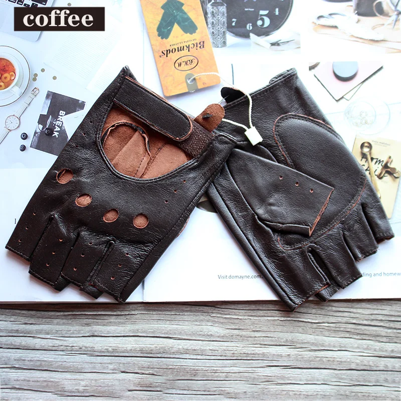 New Women\'s Sheepskin Half Finger Gloves Leather Single Layer Unlined Thin Hollow Fitness Driver Motorcycle Leather Gloves