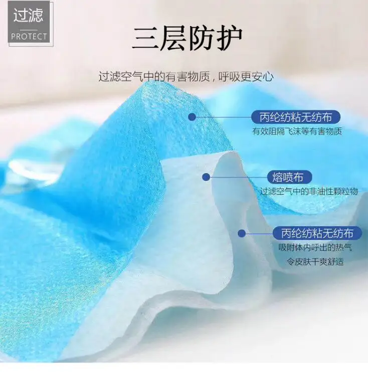 

Three layer non-woven disposable mask waterproof, dustproof, haze proof, bacteria proof, breathable filter mask including melt b