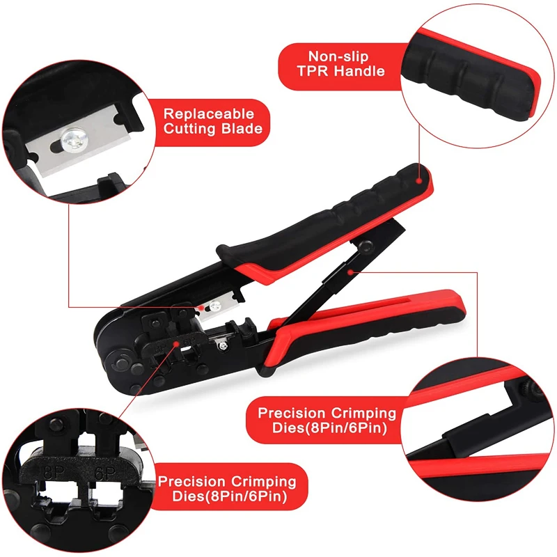 HTOC RJ45 Crimper Tool Cat5 Cat6 Crimping Tool Network Cable Tester RJ45 Connectors Wire Stripper Punch Down Impact Tool