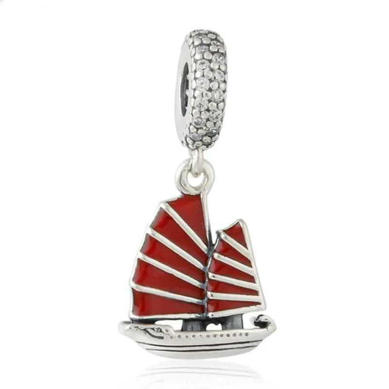 

Red Enamel Chinese Junk Ship Pendant Charms Fits Pandora Bracelets Original 925 Sterling Silver Travel Beads For Jewelry Making