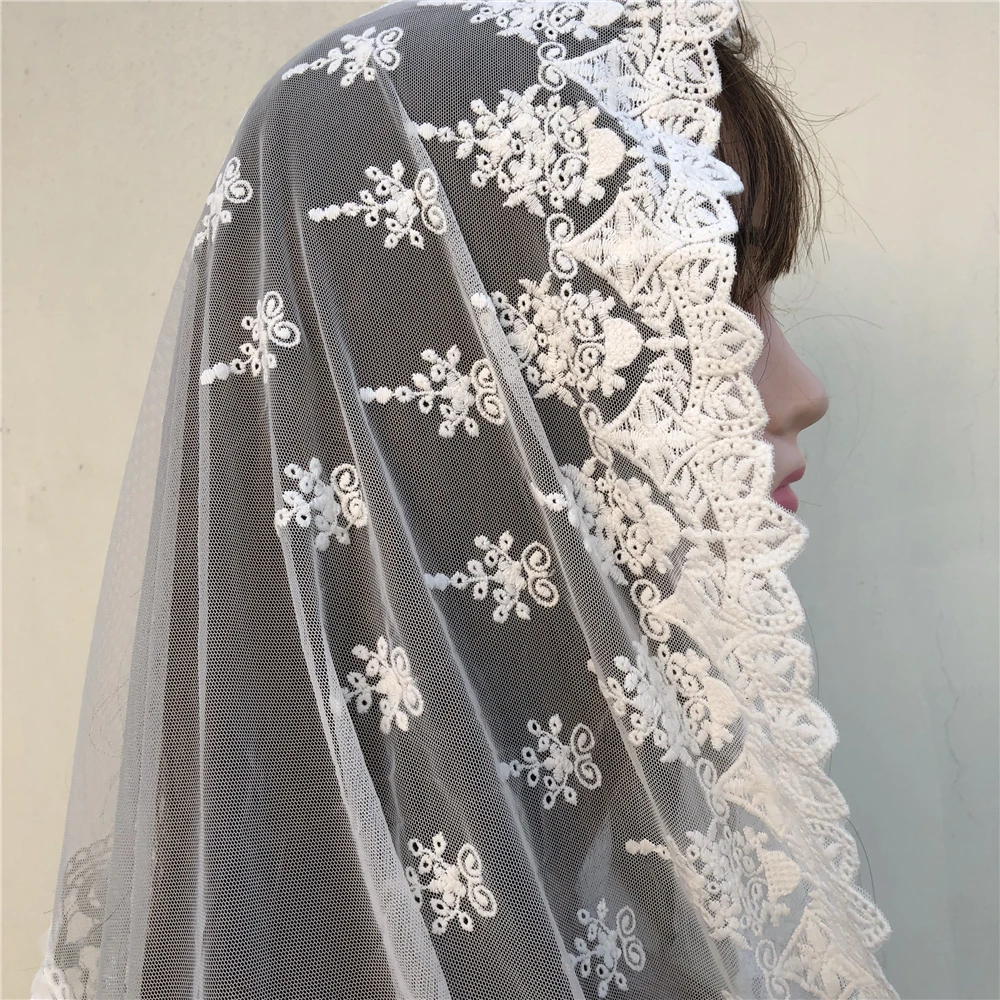 2024 White Black Women\'s Catholic Veil Jerusalem Muslim Elegant Ladies Lace Tassel Shawl Scarf Mantillas Veil Church Bridal Cape