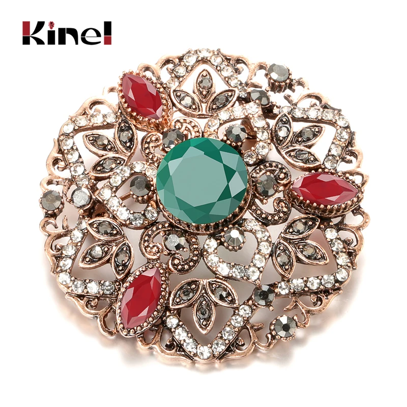 Kinel Turkish Crystal Hollow Flower Vintage Brooch for Women Antique Gold Color Boho Ethnic Bride Wedding Jewelry Badge Gift