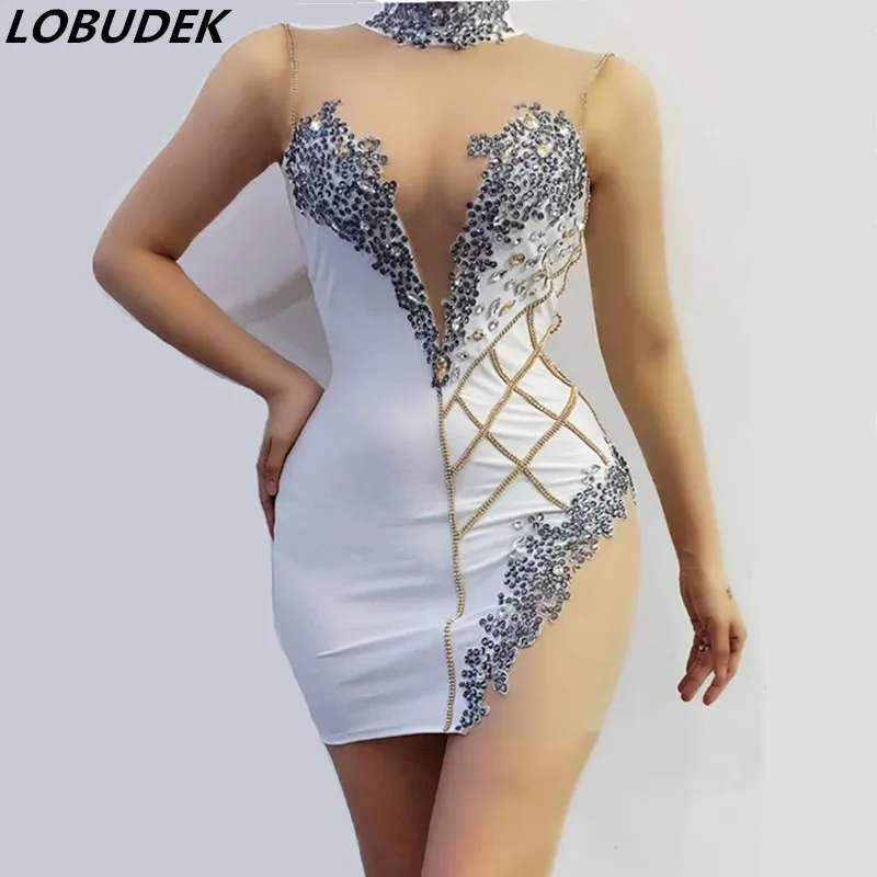 

Rhinestone Mesh Short Dress Sexy Bar Nightclub Stage Wear Women Birthday Prom Celebrity Evening Party Catwalk Performance Outfit