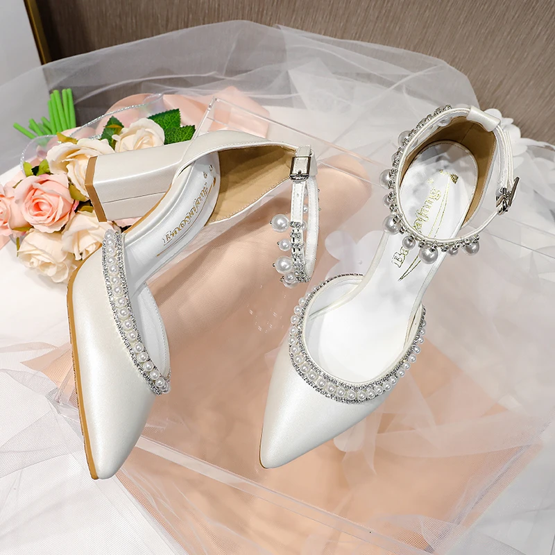 BaoYaFang White Thick Heel Bridal Wedding Shoes Woman Buckle Crystal Party Dress Tassel High Pumps Ankle Strap Fashion Sandals