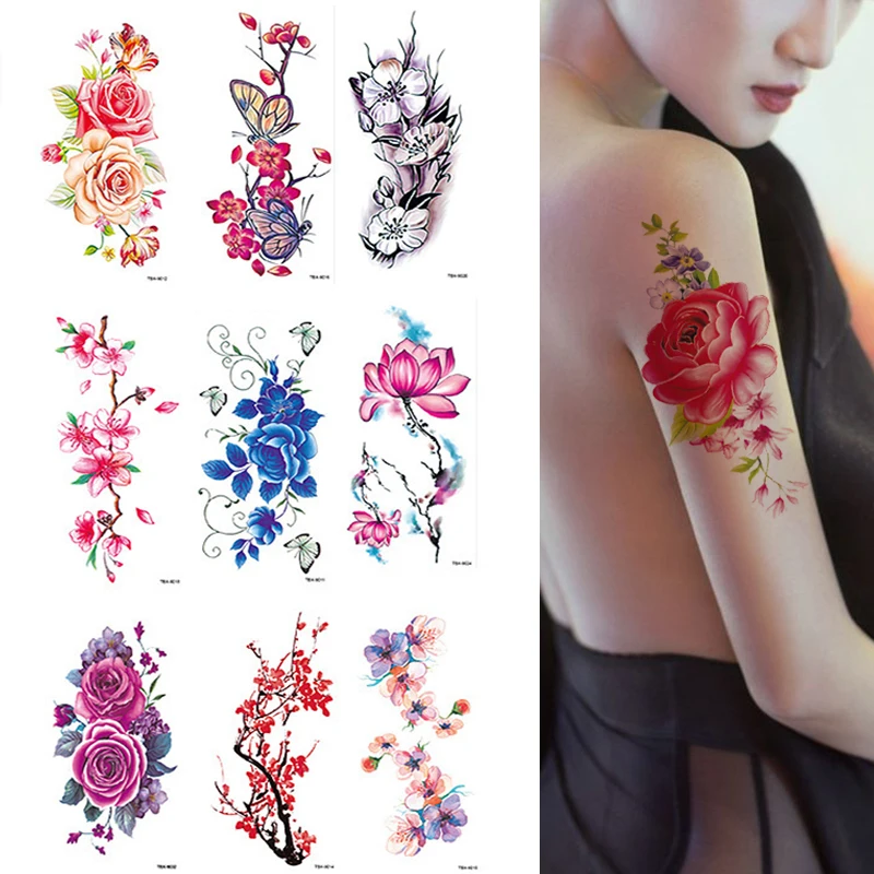 1Pc Beauty Waterproof Fake Temporary Tattoo Sticker 15 Style Flower Rose Flash Red Pink  Body Art Arm Fake Sleeve Women Tattoos