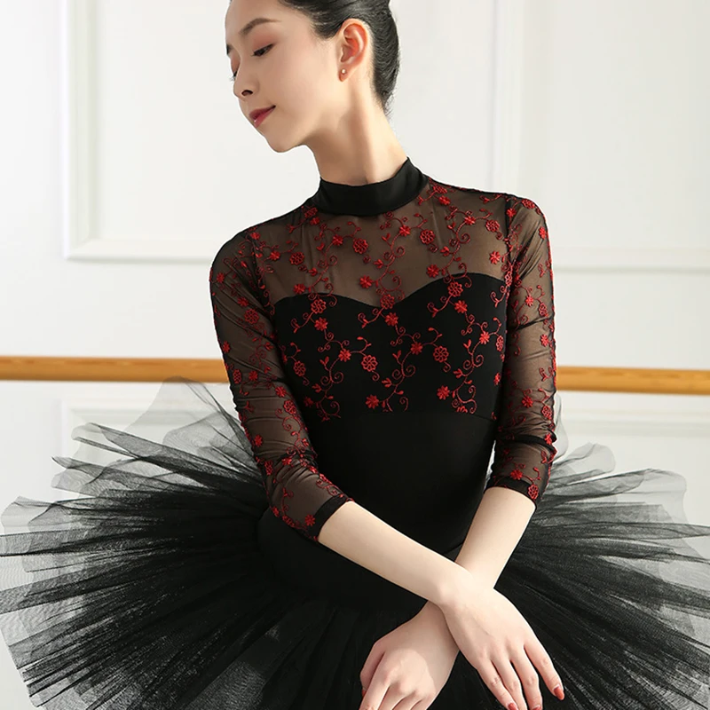 Ballet Dance Leotards Women Half sleeve Embroidery Lace Gymnastics Dancing Costume Adult Ballerina Dancewear Ballet Leotard