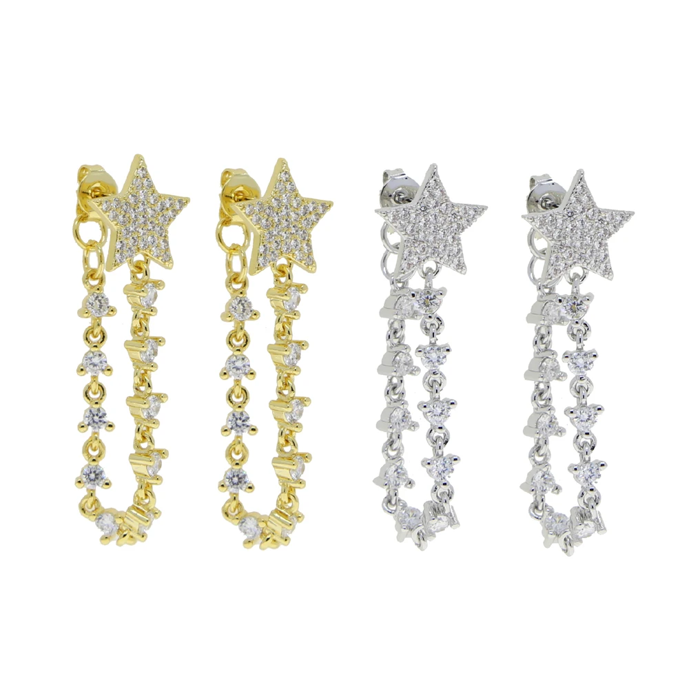 New Arrive Bling CZ Paved With Tassel Chain Star Shaped Multi Piercing Double Sided Fashion Gold Plated Earring For Women