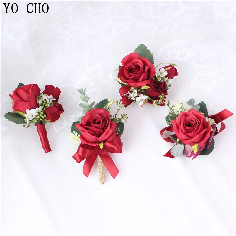 Yo Cho Heldere Rode Kunstzijde Pols Bloem Bruidsmeisje Broche Jurk Accessoires Man Boutonniere Voor Wedding Prom Party