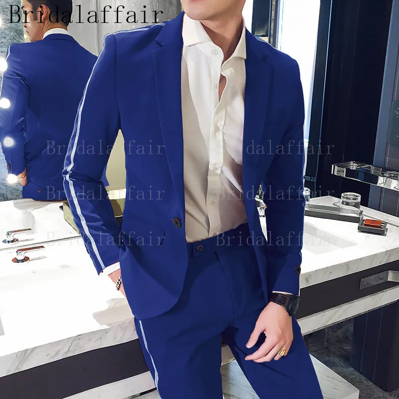 Bridalaffair Summer Suits For Men Wedding Groosmen Lilac Tuxedos with White Trim on side of Jacket and pants Men Casual Suit