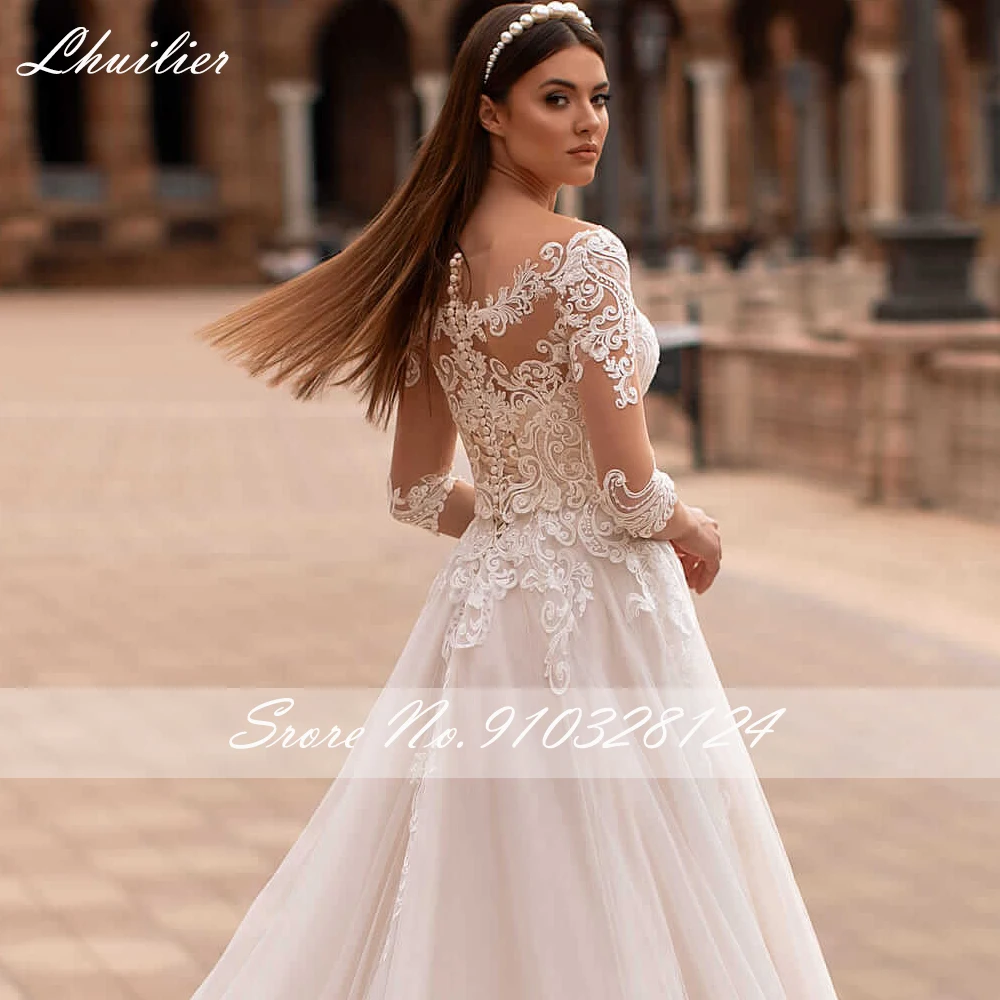 Lhuilier-vestidos de novia de tul con media manga y cuello redondo, vestido de novia elegante, corte en A, con apliques de encaje, longitud hasta el suelo