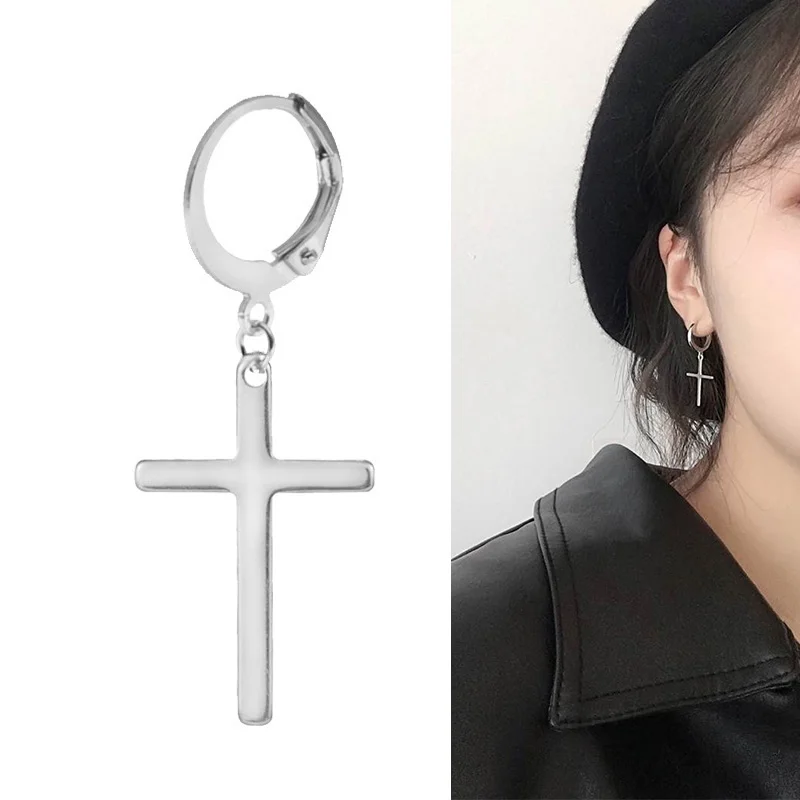 1 pair stainless steel Stud earrings for Men/Women Cross Pendant Long Tassel Unisex Hoop Earrings Punk Gothic Metal Jewelry