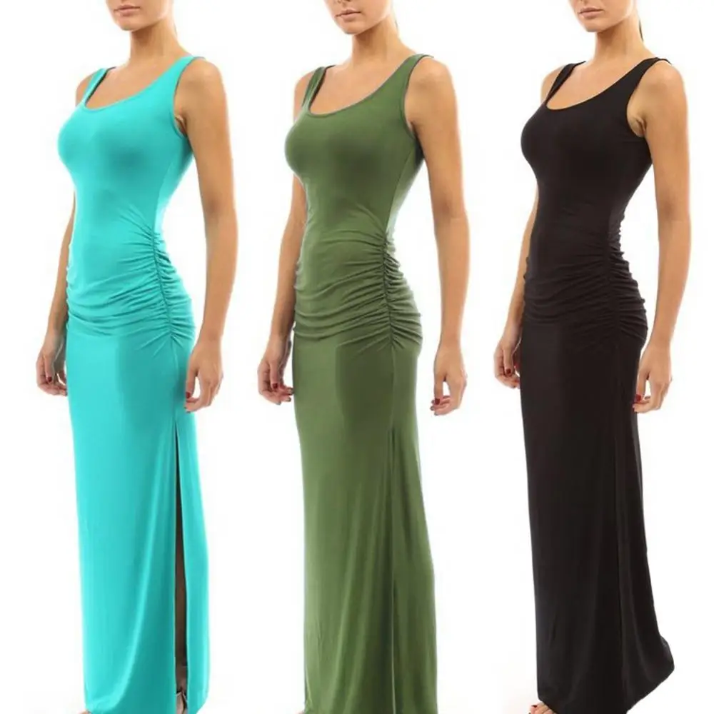 Hot Sales Solid Color Women Scoop Neck Sleeveless Summer Maxi Side Split Ruched Long Dress