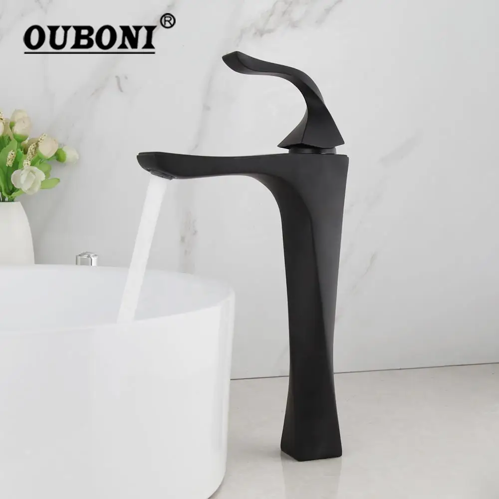 

OUBONI Matte Black Bathroom Basin Sink Faucet Deck Mounted Mixer Bamboo Shape Single Hole Single Handle Faucets High Taps