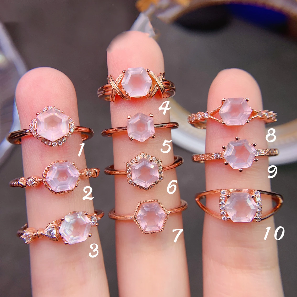 Popular Facted Cut Hexagon Natural Rose Quartz Ring 925 Sterling Silver Hexagon Ring Engagement Promise Rings For Women Gift