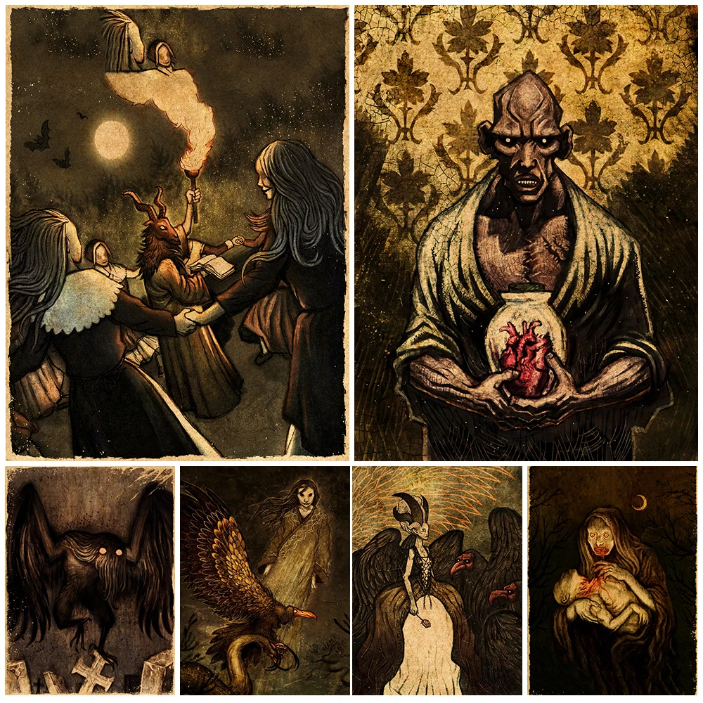Demon Witchcraft Coven And Vampire Wall Art Canvas Painting Home Decoration Mothman And Evil Dragon Vintage Poster And Prints