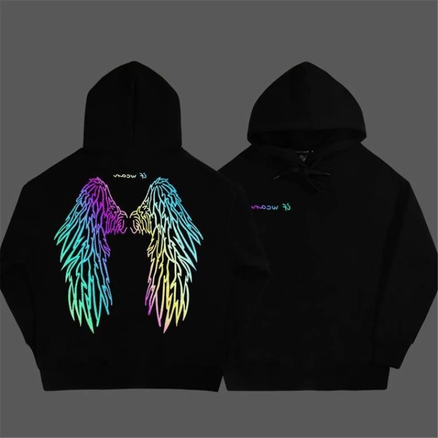 Black Wings Reflective Print Sweatshirt Pullover Hoodie Casual Long Sleeve Loose Harajuku High Street Tops Streetwear Clothes