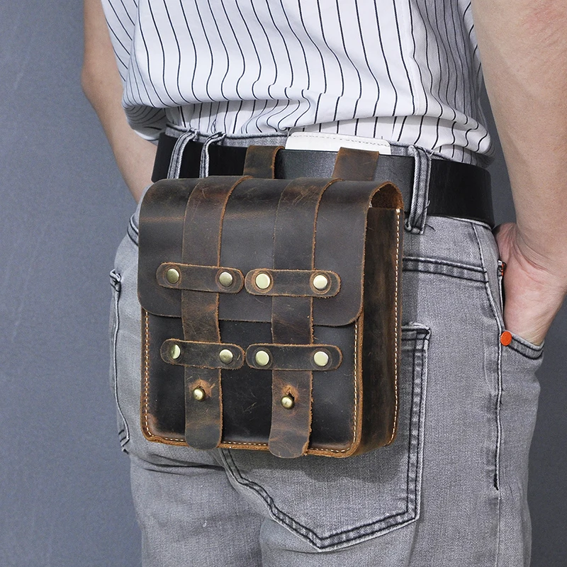 Luxury Thick Crazy Horse Leather men Vintage Travel Belt Fanny Waist Bag Pack Design Bum Hip Bag 6.5\