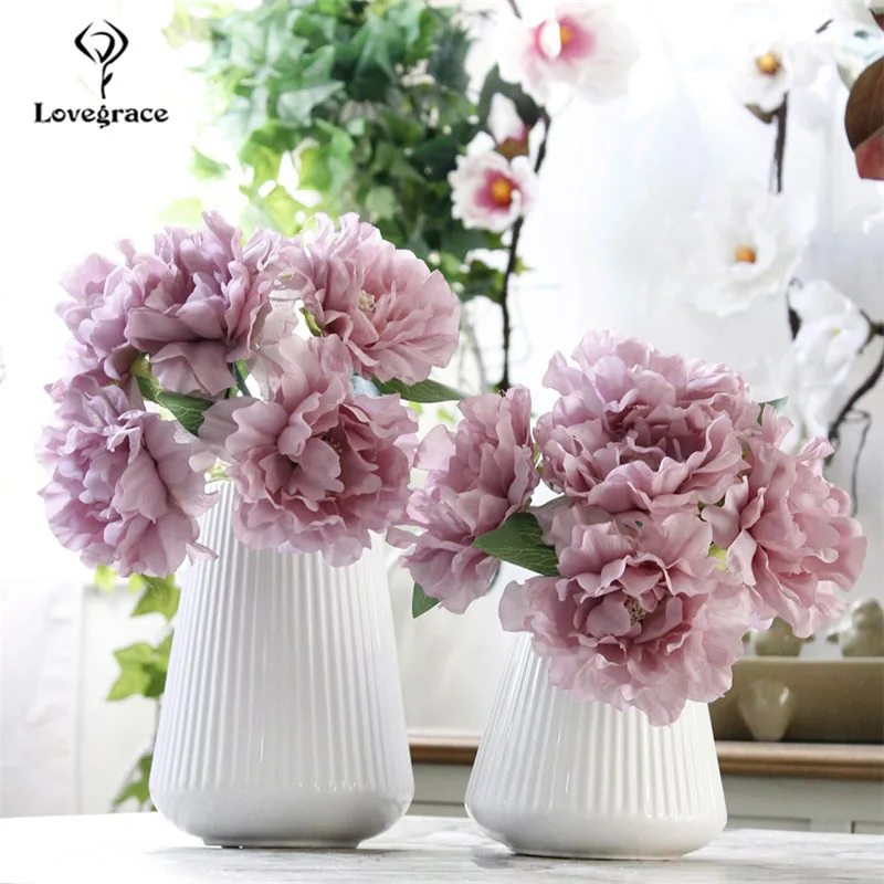 Lovegrace Wedding Bouquet Artificial Flower 5 Heads Silk Peony Bouquet Purple DIY Flower Arrangement Home Party Wedding Decor