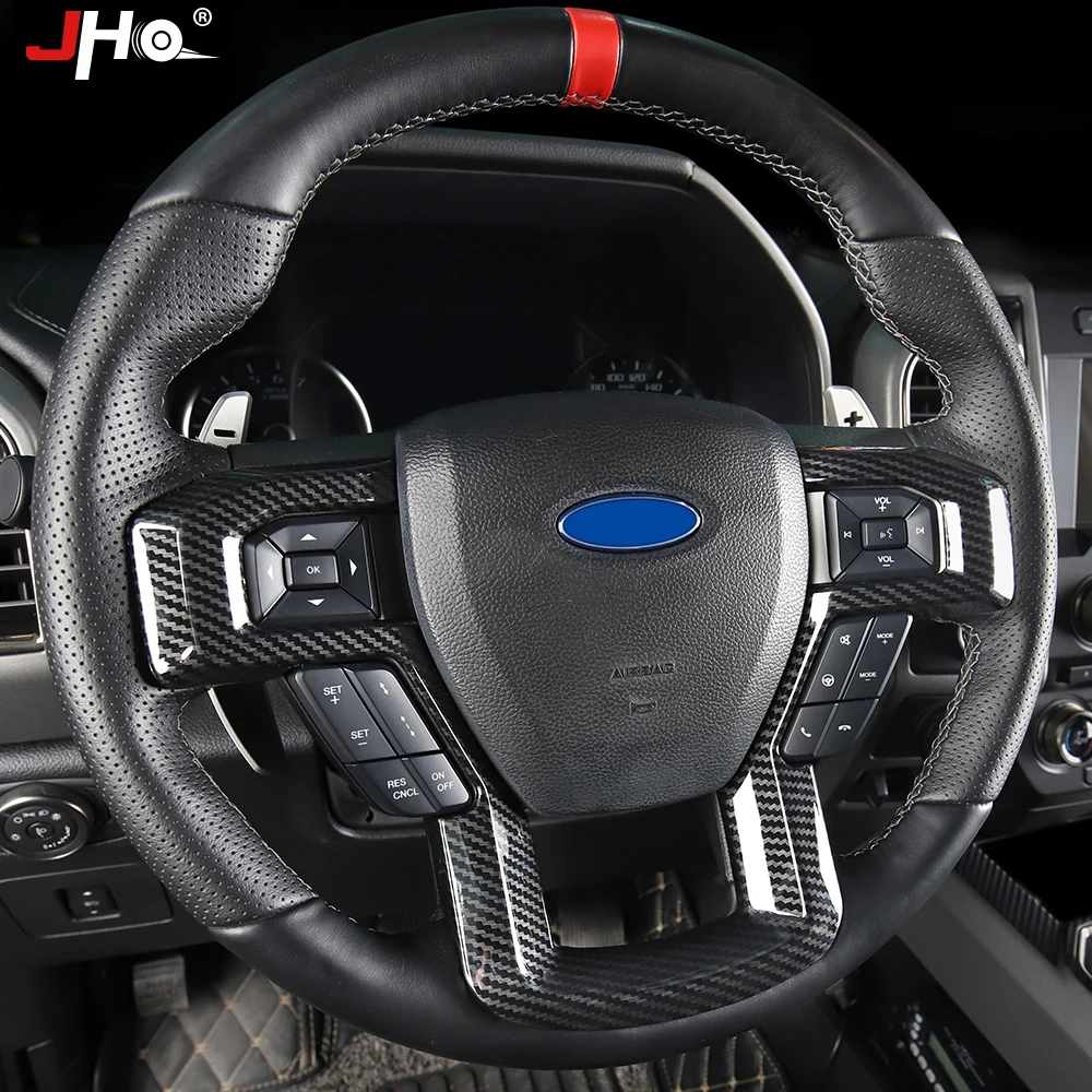 JHO ABS Carbon Grain Steering Wheel Overlay Cover Trim For Ford F150 Raptor 2016-2020 2017 2018 2019 Pickup Truck Accessories