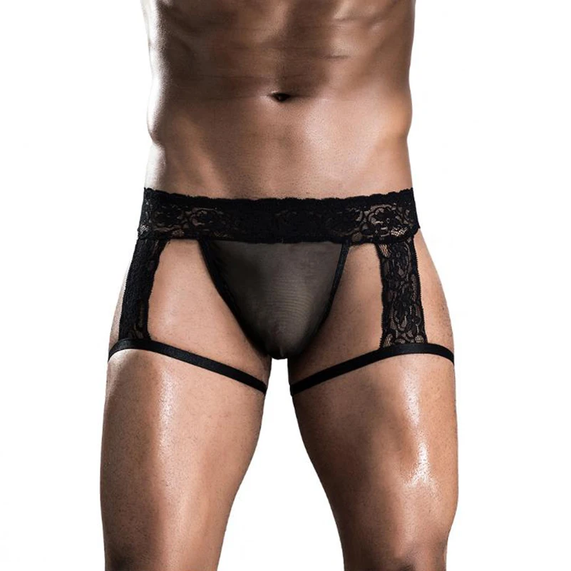Bóxer de encaje para hombre, lencería sexy erótica, caderas desnudas, ropa interior negra caliente