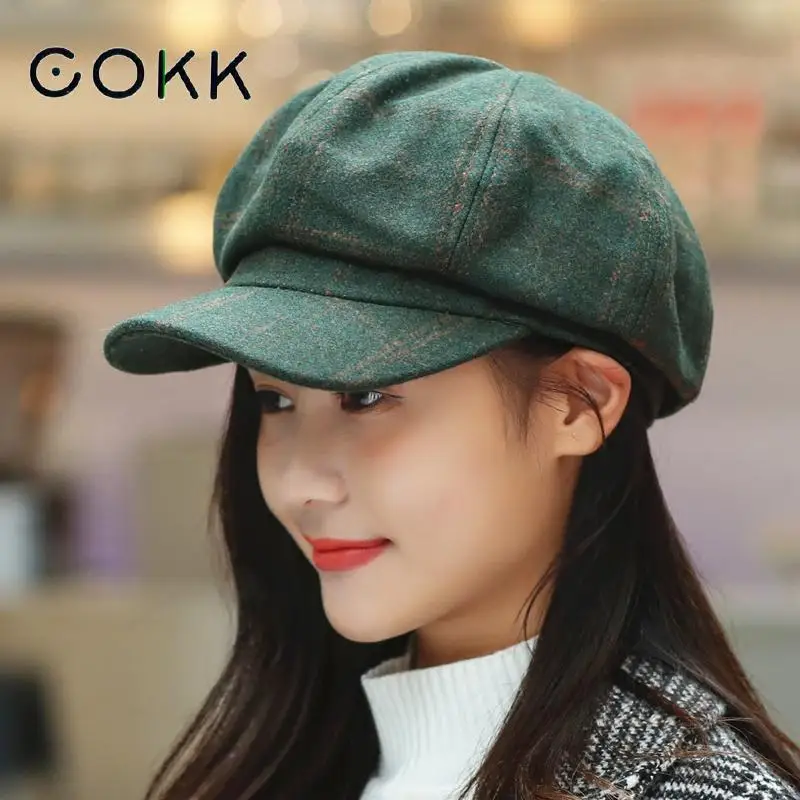 COKK Newsboy Cap Women Autumn Winter Octagonal Caps Artist Painter Hats For Women Men Beret Peaked Cap Female Male Vintage PLaid