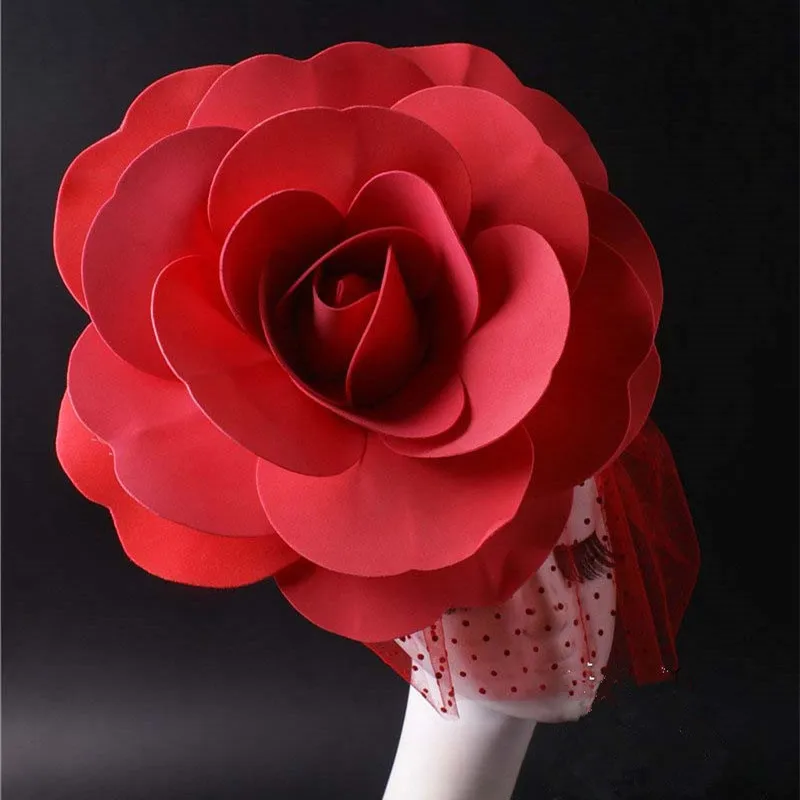 Big Rose Flower Headdress Black Red Veil Floral Headgear Festival Party Dance Singer Show Stage Accessories Performance Ornament