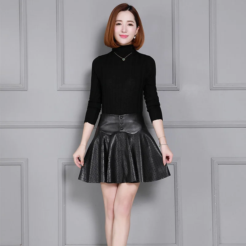 Womens New Genuine Leather Pleated Mini Skirts Plus Size 4XL Black Sheepskin Hollow Out Luxury High Waist A-Line Fashion Skirt