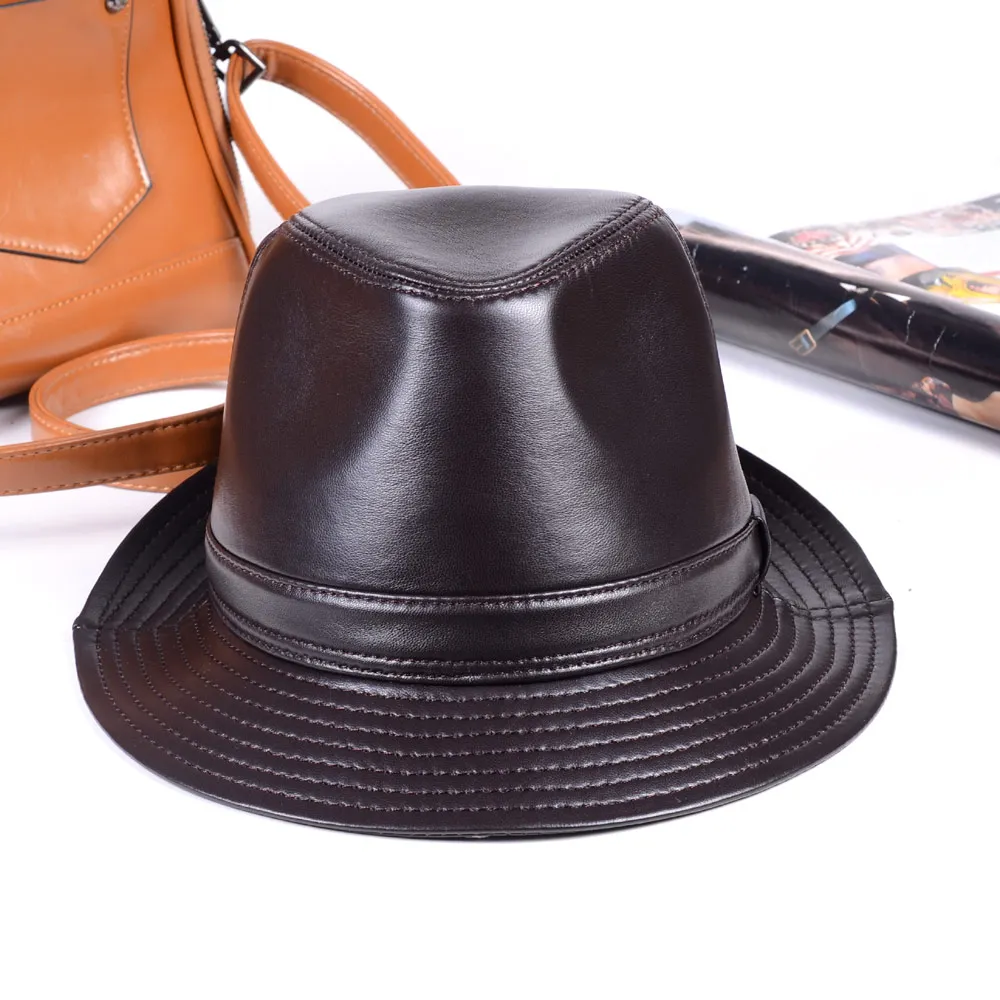 New Women\'s Men\'s 100% Real Leather Sheep Skin Top Hat gentleman cap Fedora Hats/Caps