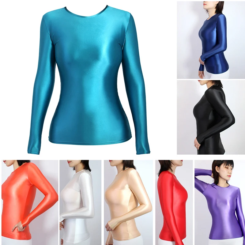 Women's Shiny Glossy Silk Base Long Sleeve Shirt Casual T-shirt Top Sexy Tights Surf Swimwear Summer Swimsuit