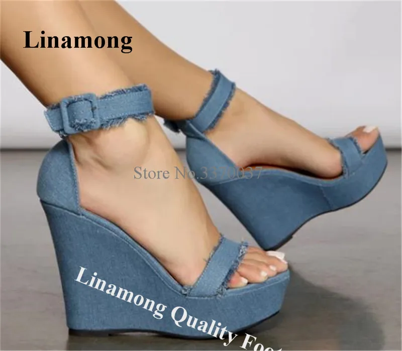 

Denim Wedge Sandals Linamong Straps High Platform Wedge Sandals Light Blue Jean Ankle Buckles Wedges Big Size Wedge Sandals