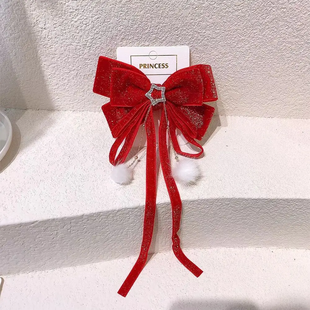 New Year Red Baby Big Bow Ribbon Hair Clips Crystal Headwear Geometric Women Girls Shiny Velvet Hairpins Hair Accessions