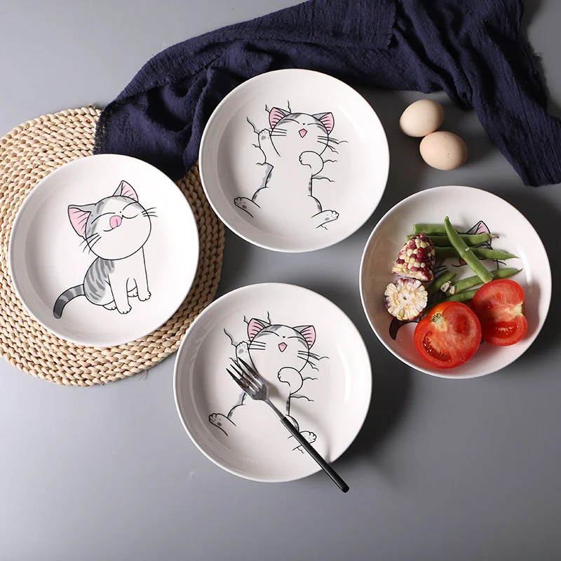 2pcs Originality Cartoon Cat Ceramics Plate Children Tableware Fruits Disc Steak Dish Breakfast Fruit Tray Dinner Plates