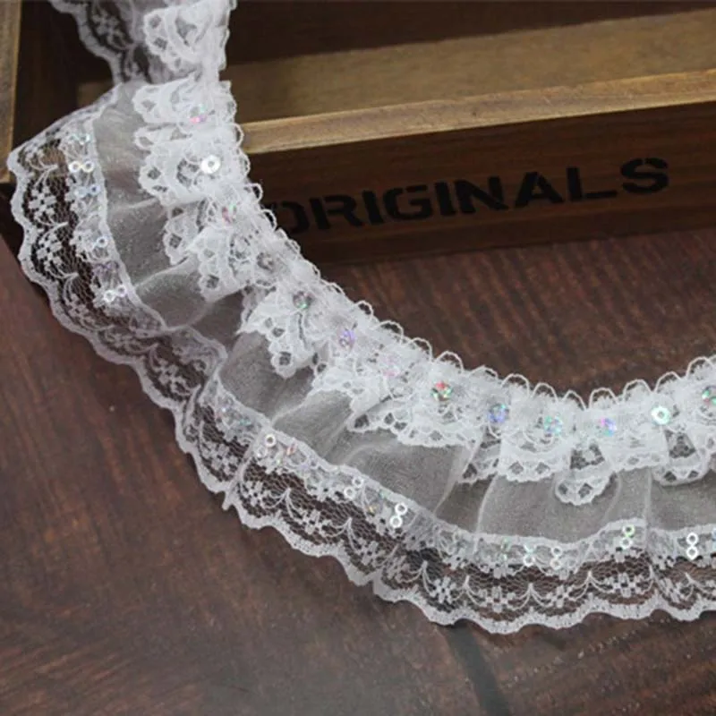 41Yds Sequins Bling Ruffle Pleated Chiffon Lace Fabric 5.5cm Trim Ribbon for Dress Headbands Sewing Garment Accessory