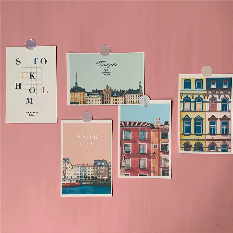 Pink Retro Waterside Town House Decoration Card 5 Sheets Photography Props Small Poster Diy Wall Sticker Postcard Greeting Cards