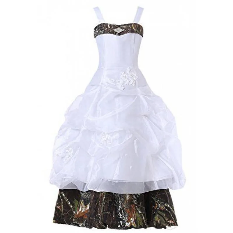 

White Flower Girls Dress with Camo Appliques Floor Length Spaghetti Strap Formal Kids Wedding Party Vestidos Junior Bridesmaid