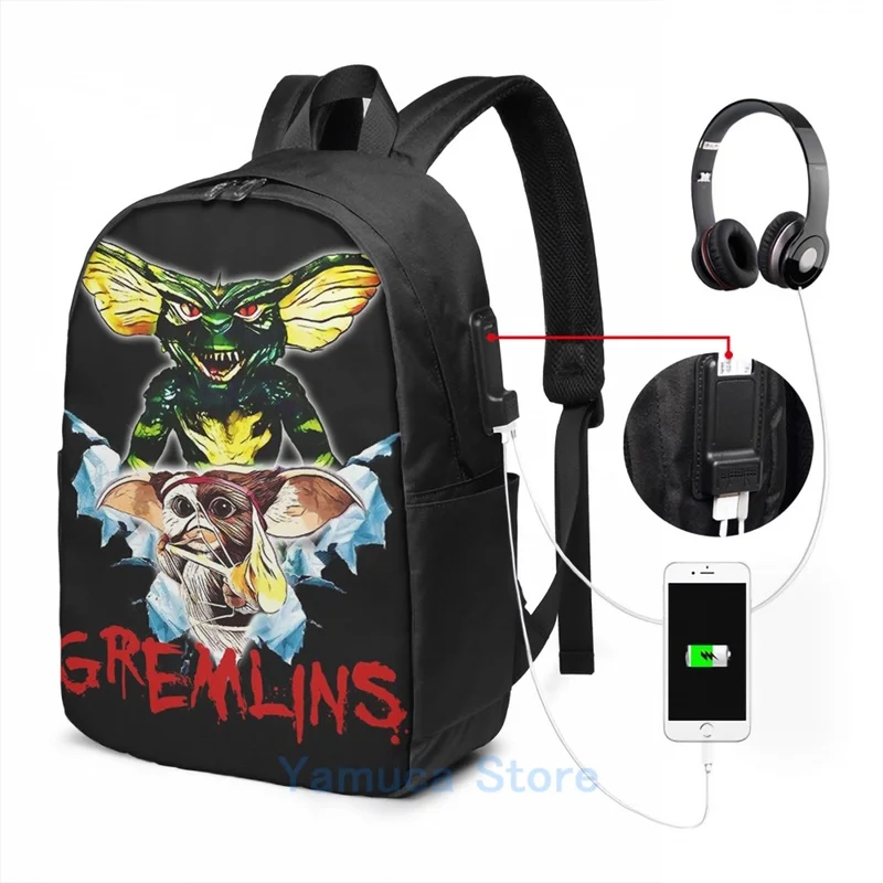 Funny Graphic print Gremlins USB Charge Backpack men School bags Women bag Travel laptop bag