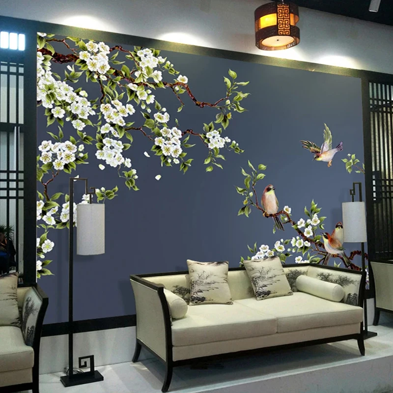 Washable kitchen Mural Wallpaper 3D Flowers And Birds Chinese Style Hand Painted Wall Painting  Home Decor Waterproof Stickers