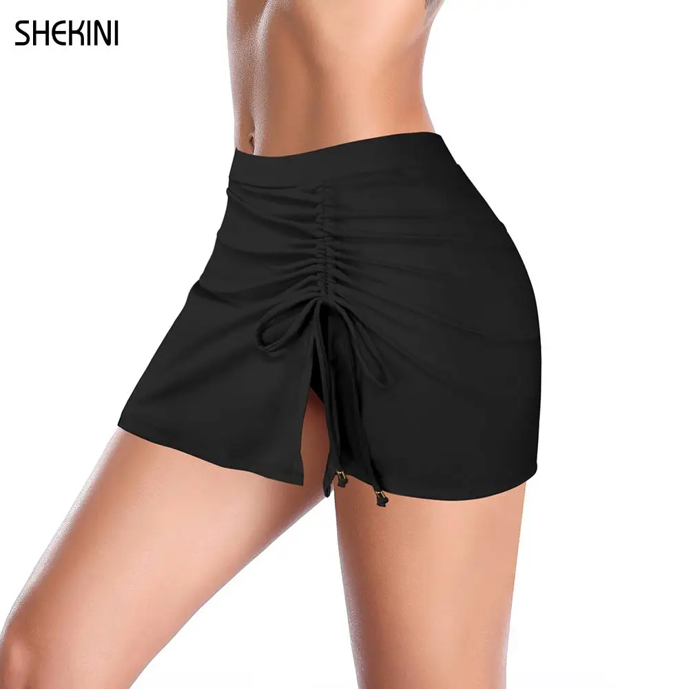 SHEKINI Women's Elastic Mid Waist Swim Skirt Side Pull Tie Bikini Bottom with Briefs  Solid Ruched Short Skirt Beach Swimsuit