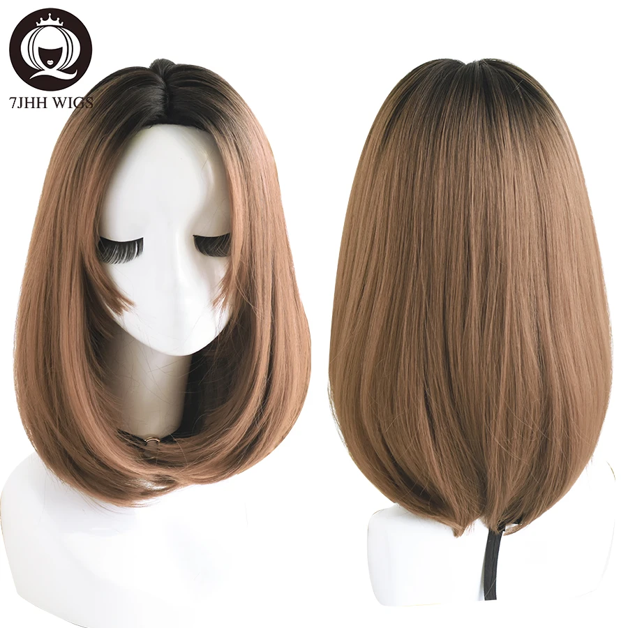 7JHH WIGS Lolita Wigs For Women Long Straight Omber Pink Brown Hair With Bangs Party Cosplay Noble Wigs For Girl Wholesale