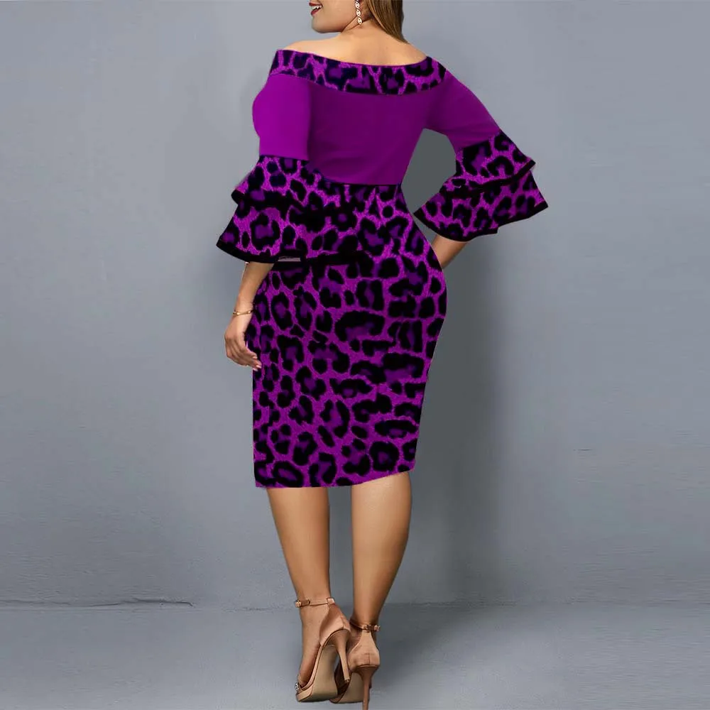 Plus Size Dresses Elegant Leopard Printed Evening Wedding Party Dress Women 2021 Autumn Chic Flare Sleeve Night Club Dress 5XL